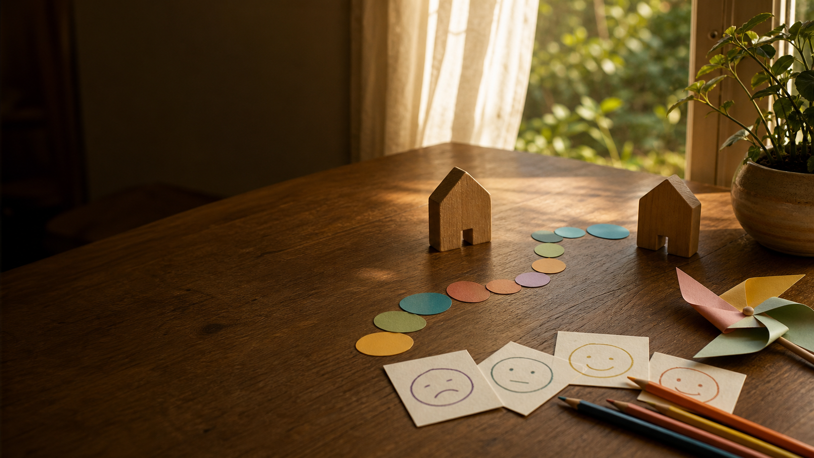Two wooden houses connected by colorful paper stepping stones, with feeling cards and pencils on a sunlit table